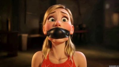 Olivia in a sealing black leather panel/mouth gag over a red tank top
