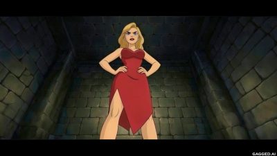 Ungagged blonde Reagan Caldwell in a tight red dress – hands-on-hips power pose in the stone dungeon