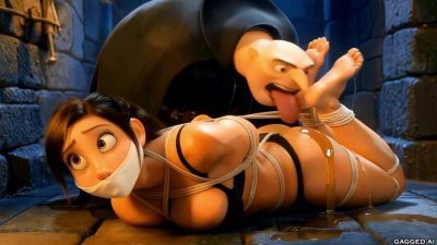 Villain licking the hogtied stepdaughter’s bare sole while she stays white-OTM gagged on the dungeon floor