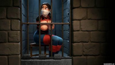 Stepmom sat on a wooden stool behind iron bars — red rope bondage, white OTM gag, top pulled down