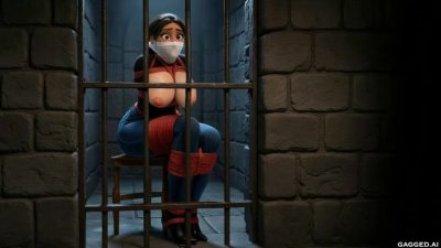 Stepmom through cell bars in red rope thigh/ankle wraps, jeans, heels, white cloth gag