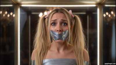 Terrified blonde teacher Julie Millard with pigtails and thick silver duct tape gag, tears in her eyes