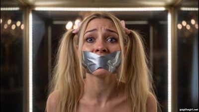 Close-up of crying Julie Millard with silver duct tape gag and pigtails inside the display case